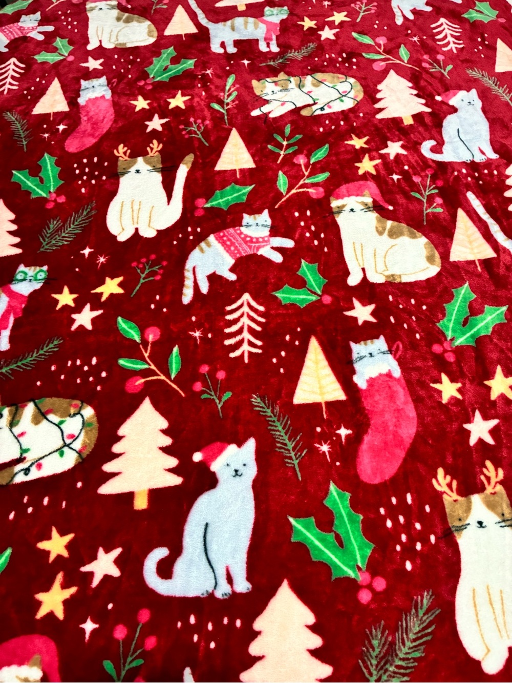 Kirkland's Red Holiday Fleece Blanket with Cat Motifs